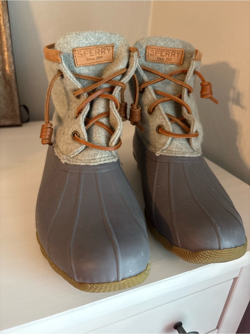 Sperry Women’s Gray Rubber and Tan Fabric Rain Boots